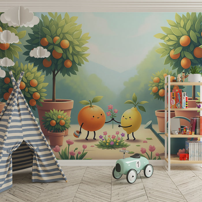 Papel de parede para quarto de criança | Dois frutos alegres num jardim florido