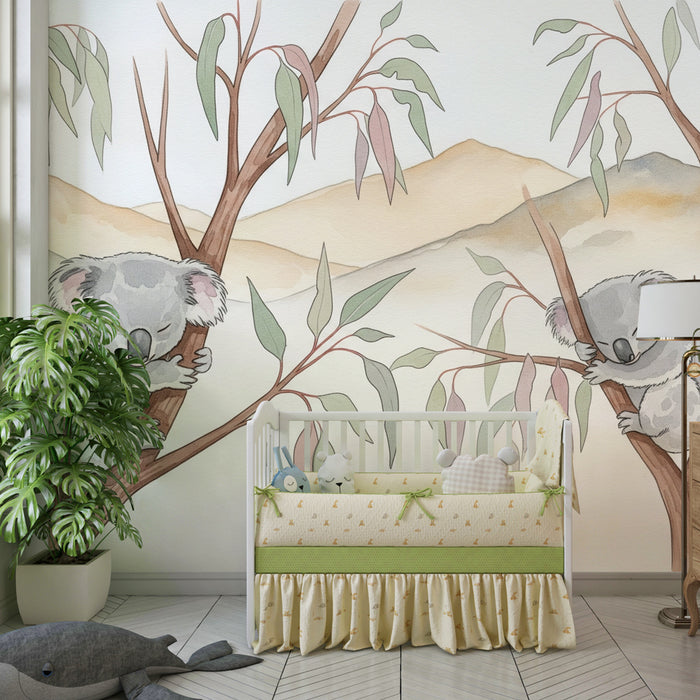 Kids room wallpaper | Kaks unistavat koaalat eukalüptustes