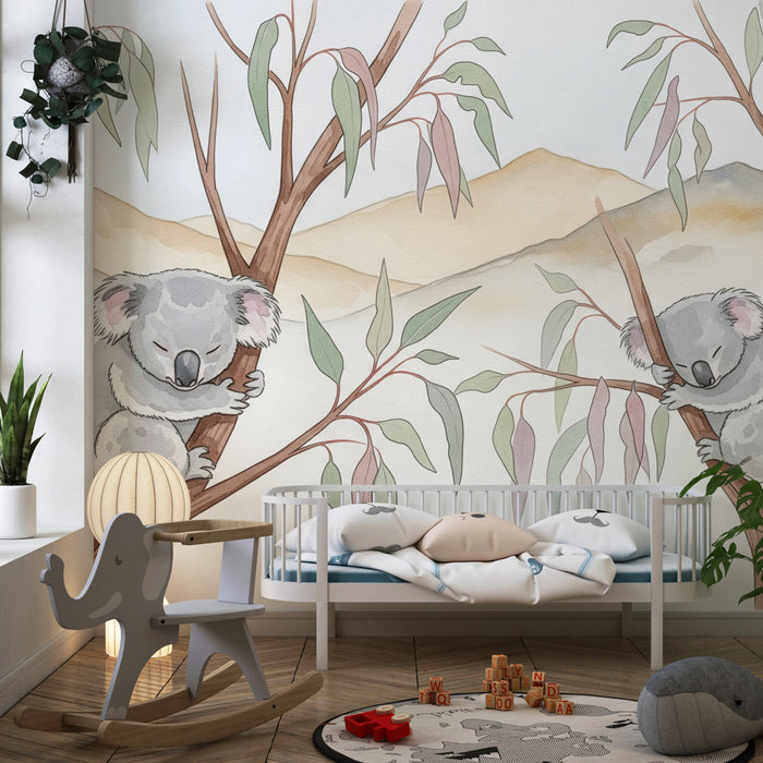 Kids room wallpaper | Kaks unistavat koaalat eukalüptustes