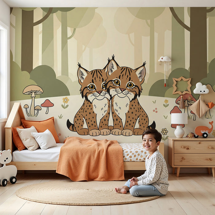 Papel pintado infantil | Dos adorables linces en un bosque encantado