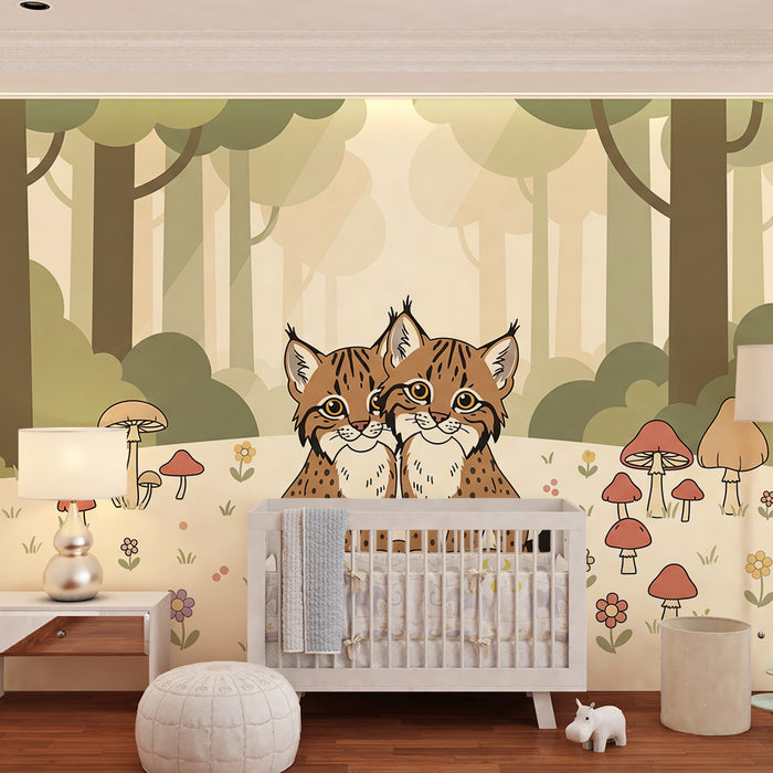 Papel pintado infantil | Dos adorables linces en un bosque encantado