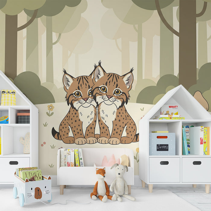 Papel pintado infantil | Dos adorables linces en un bosque encantado