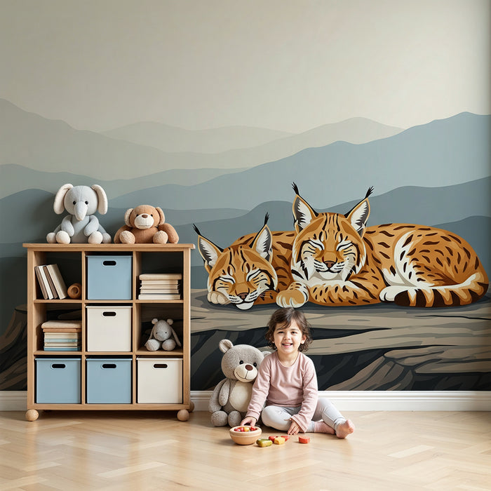 Kids' Room Wallpaper | Two Lynx Sleeping Peacefully on a Rock with Mountains in the Background