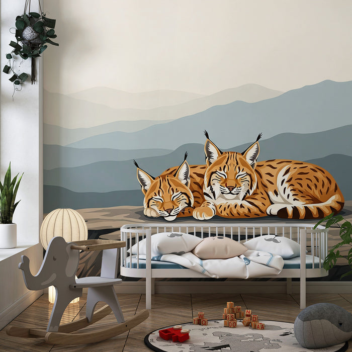 Kids' Room Wallpaper | Two Lynx Sleeping Peacefully on a Rock with Mountains in the Background