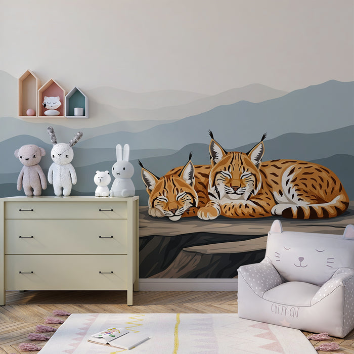 Kids' Room Wallpaper | Two Lynx Sleeping Peacefully on a Rock with Mountains in the Background
