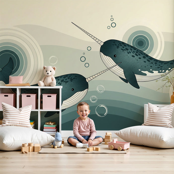 Papel pintado infantil | Dos narvales en olas relajantes