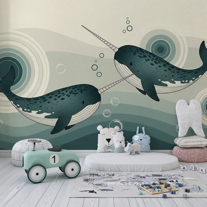 Papel pintado infantil | Dos narvales en olas relajantes