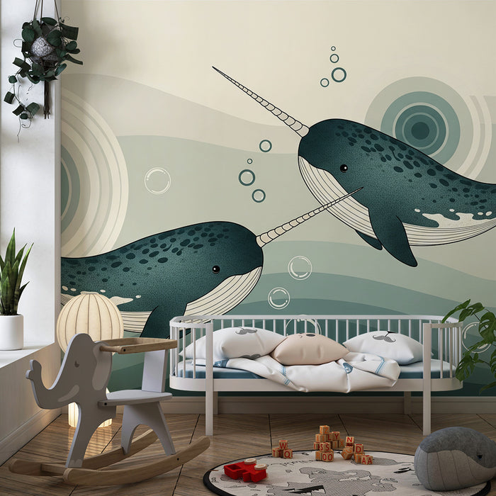Papel pintado infantil | Dos narvales en olas relajantes