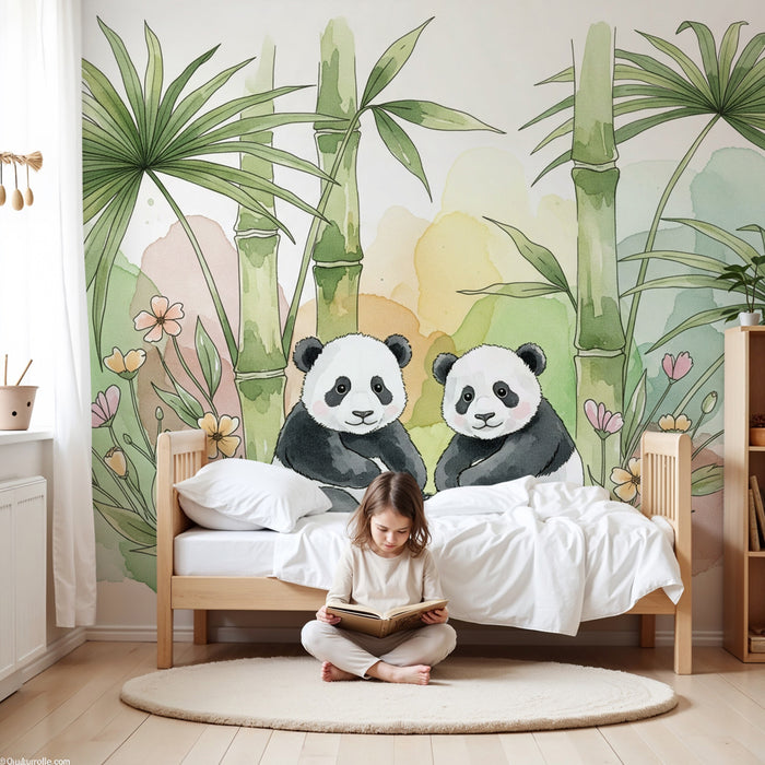 Papier peint chambre enfant | Deux pandas adorables au milieu de la jungle
