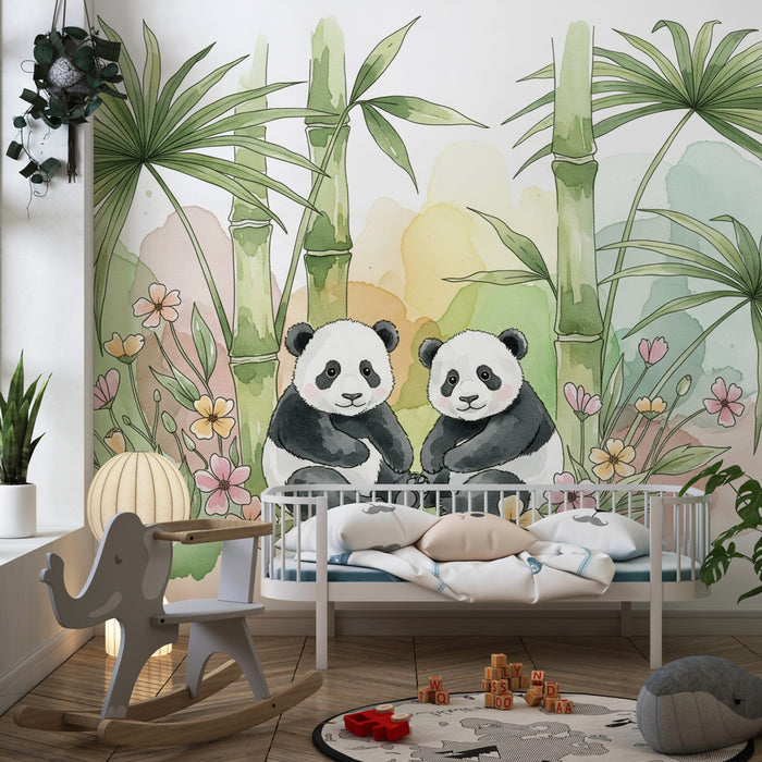Papier peint chambre enfant | Deux pandas adorables au milieu de la jungle