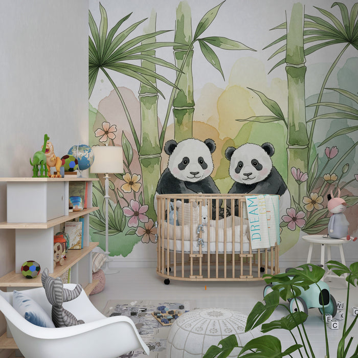 Papier peint chambre enfant | Deux pandas adorables au milieu de la jungle
