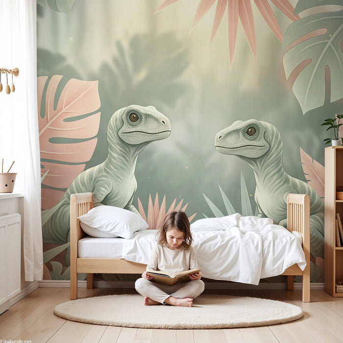 Papel pintado infantil | Dos pequeños dinosaurios en una selva colorida