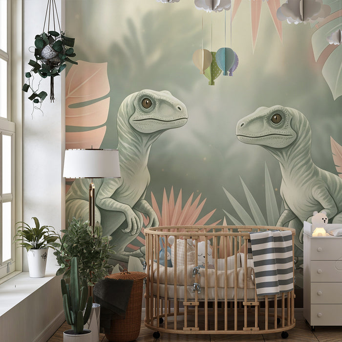 Papel pintado infantil | Dos pequeños dinosaurios en una selva colorida
