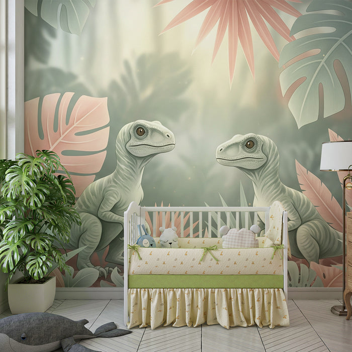 Papel pintado infantil | Dos pequeños dinosaurios en una selva colorida
