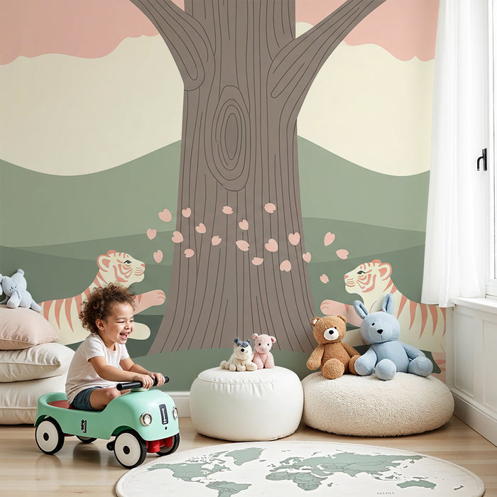 Kinderzimmer Tapete | Zwei spielende Tiger unter einem blühenden Baum