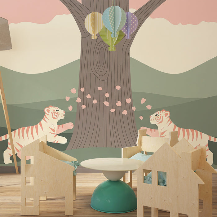 Kinderzimmer Tapete | Zwei spielende Tiger unter einem blühenden Baum