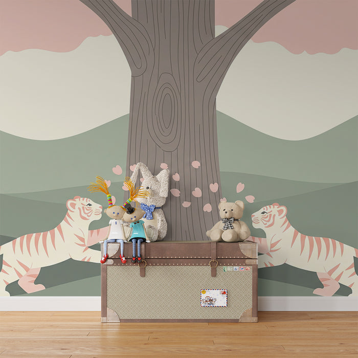 Kinderzimmer Tapete | Zwei spielende Tiger unter einem blühenden Baum