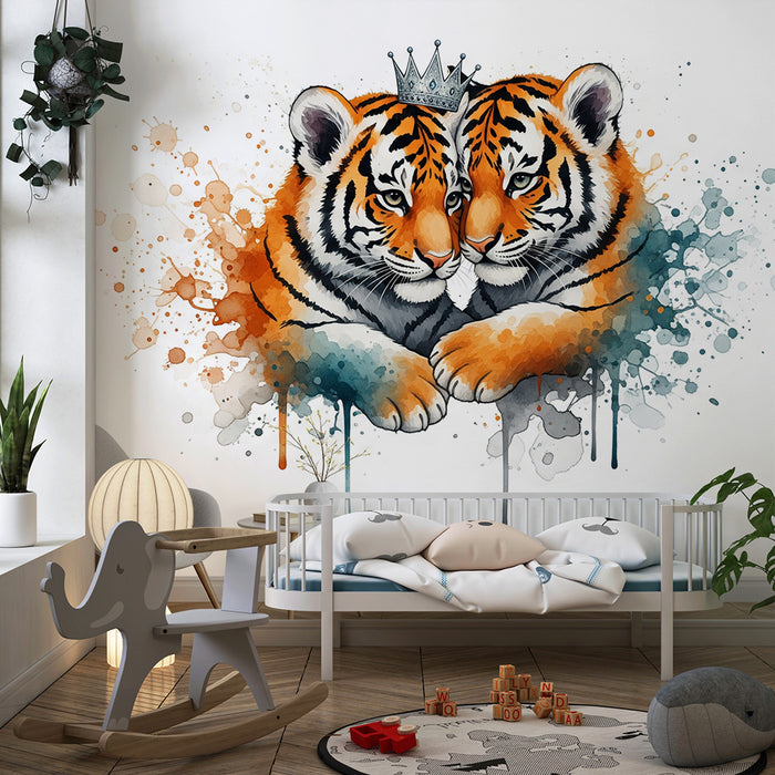 Gyermekszobai tapéta | Két fenséges tigris koronával és színes fröccsenésekkel