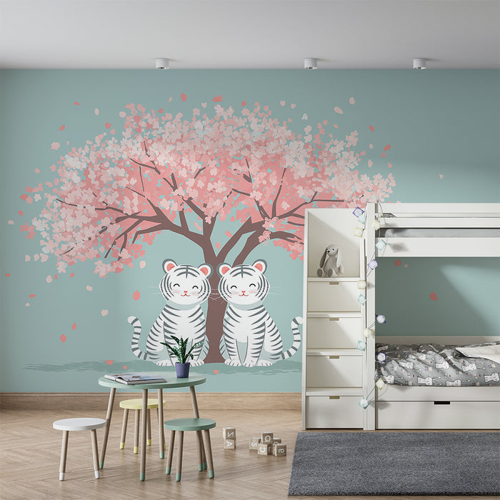 Barntapet | Två tigrar under ett blommande körsbärsträd