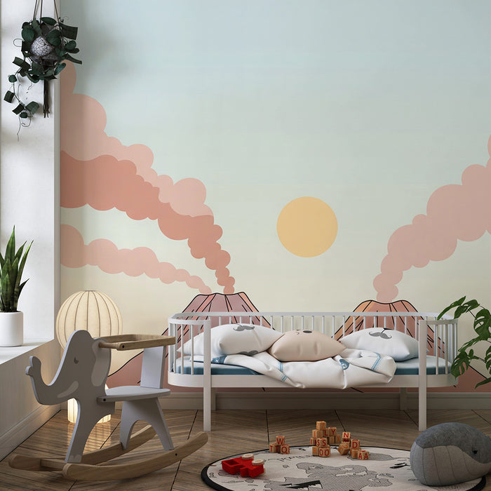 Tapet barnerom | To fargerike vulkaner under en pastellfarget himmel