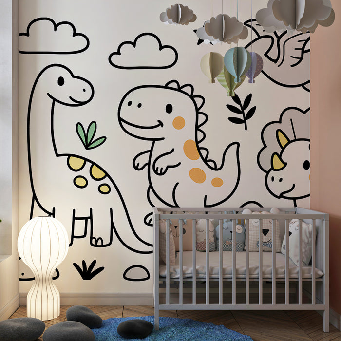 Lastenhuoneen tapetti | Hauskat dino ja värikäs luonto