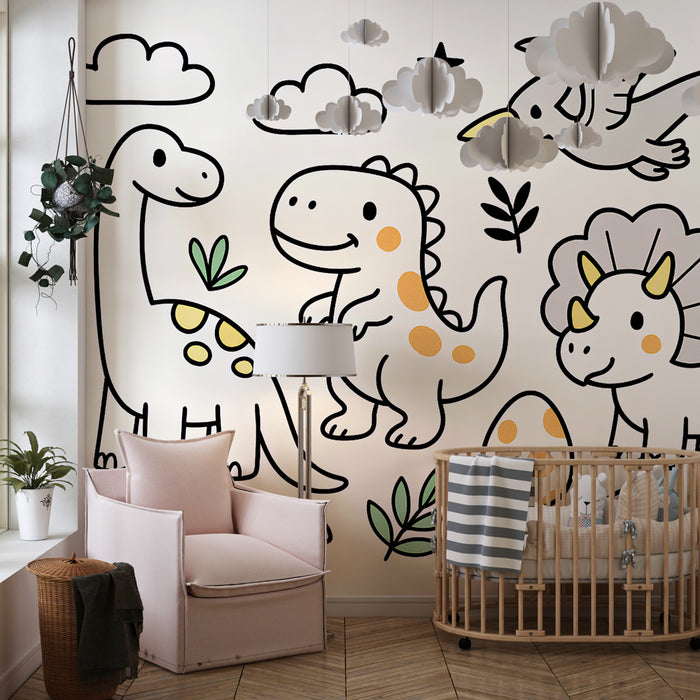 Lastenhuoneen tapetti | Hauskat dino ja värikäs luonto