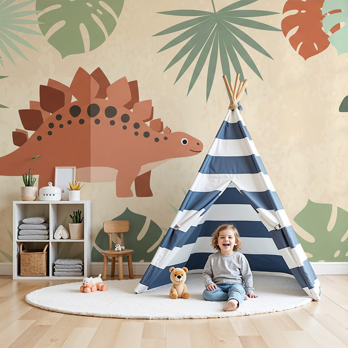 Kids room wallpaper | Friendly dinosaur and tropical foliage