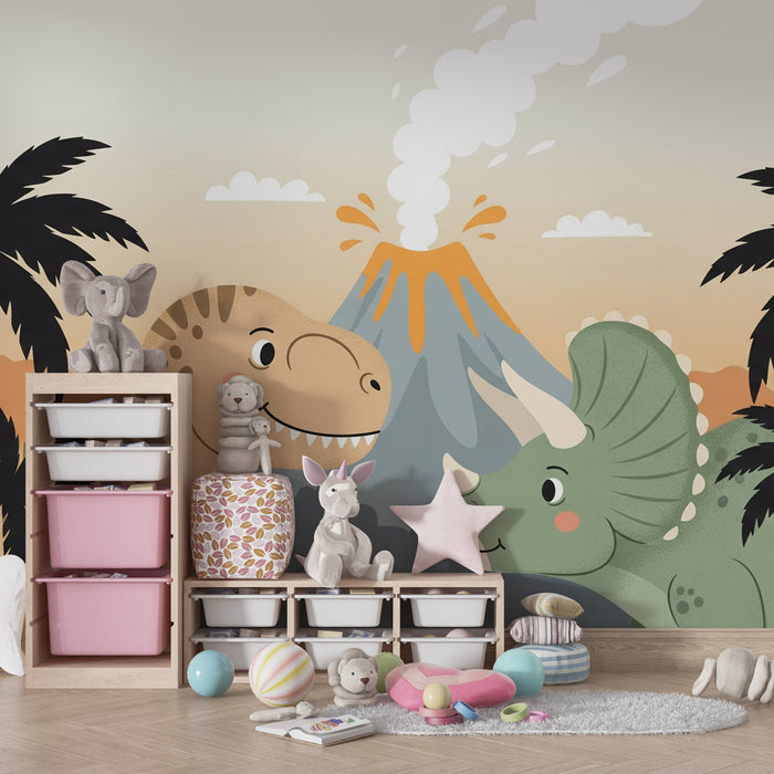 Carta da parati bambini | Dinosauro amichevole e vulcano