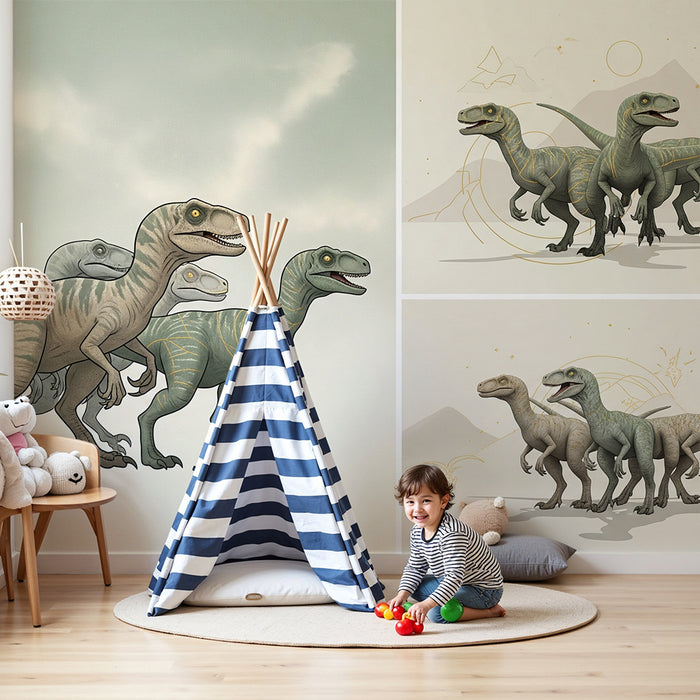 Detská izba tapeta | Zábavný dinosaurus s farebnými raptormi v pravekých dekoráciách