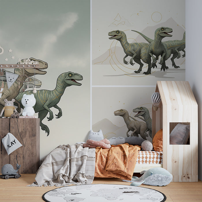Detská izba tapeta | Zábavný dinosaurus s farebnými raptormi v pravekých dekoráciách