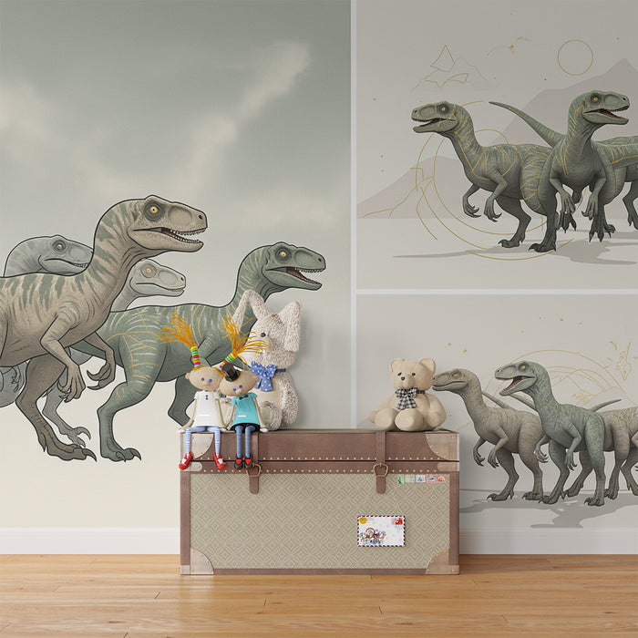 Detská izba tapeta | Zábavný dinosaurus s farebnými raptormi v pravekých dekoráciách