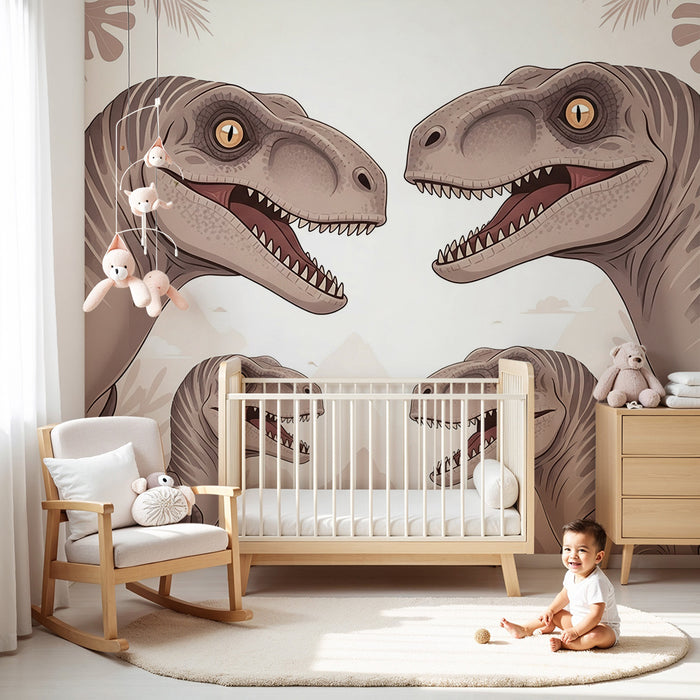 Papel de parede criança | Dinossauro divertido em um cenário pré-histórico