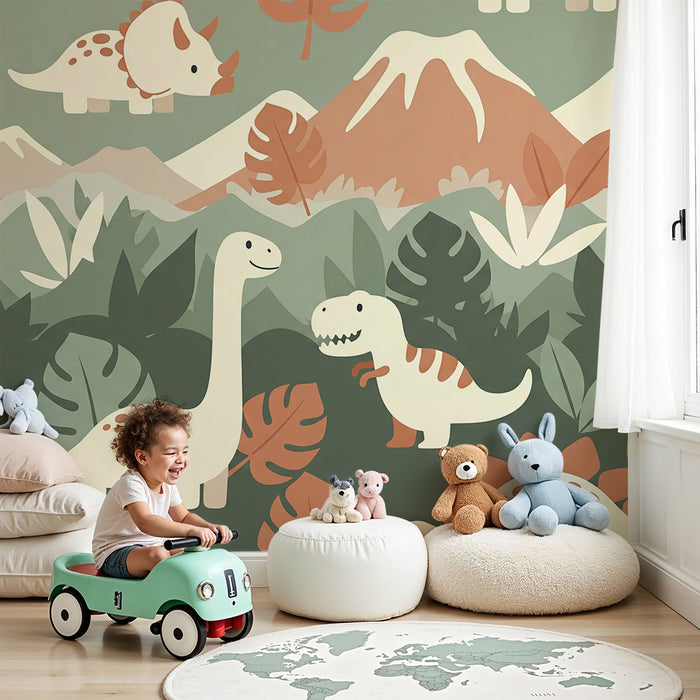 Children's bedroom wallpaper | Fun dinosaur in a prehistoric landscape