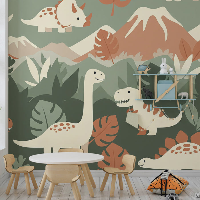 Children's bedroom wallpaper | Fun dinosaur in a prehistoric landscape