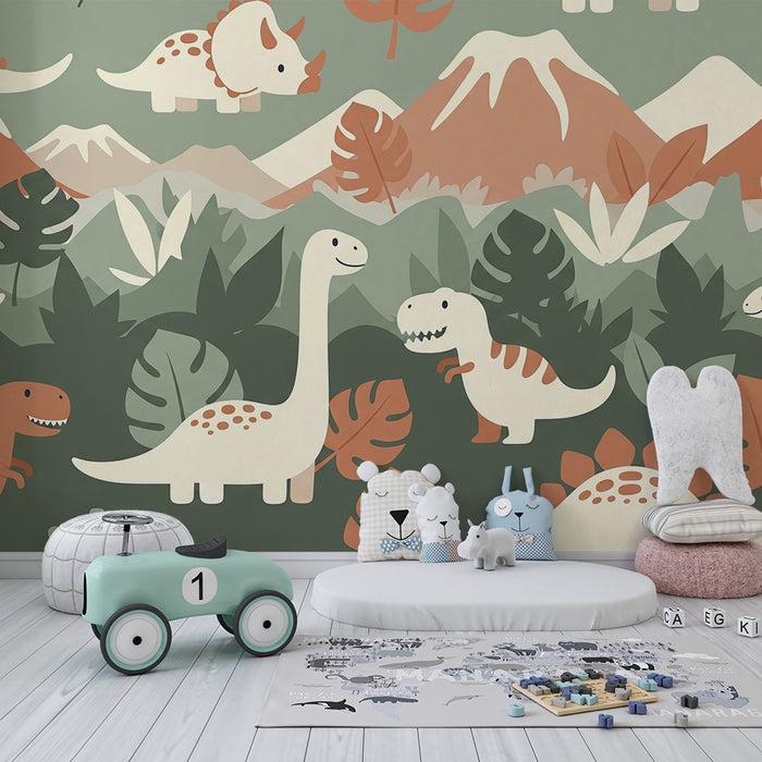 Children's bedroom wallpaper | Fun dinosaur in a prehistoric landscape