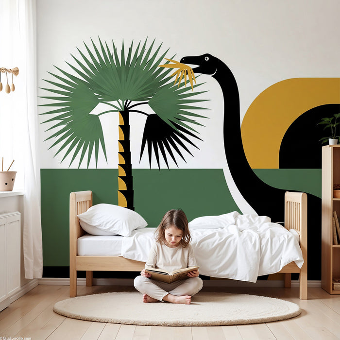 Barntapet | Rolig dinosaurie och stiliserade palmer