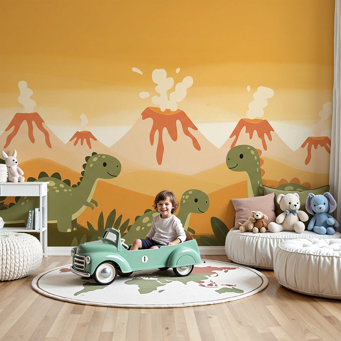 Tapeta do detskej izby | Veselý dinosaurus a farebné vulkanické krajiny