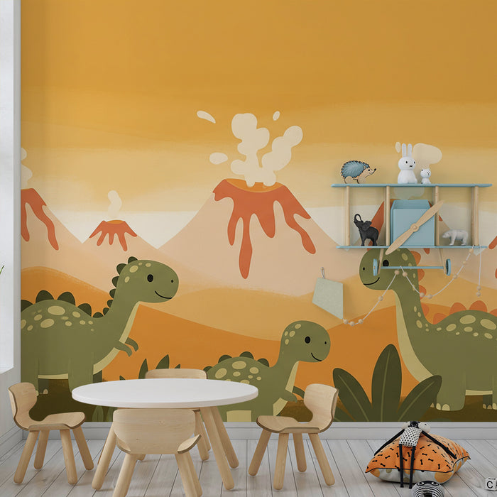 Tapeta do detskej izby | Veselý dinosaurus a farebné vulkanické krajiny