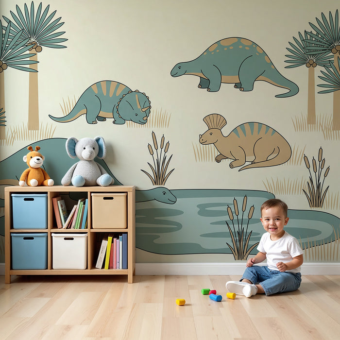 Tapety dla dzieci | Zabawne dinozaury nad stawem