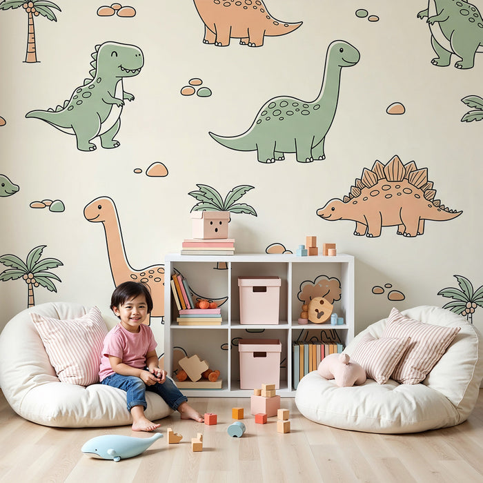 Kinderkamer behang | Grappige dinosaurussen en prehistorische landschappen