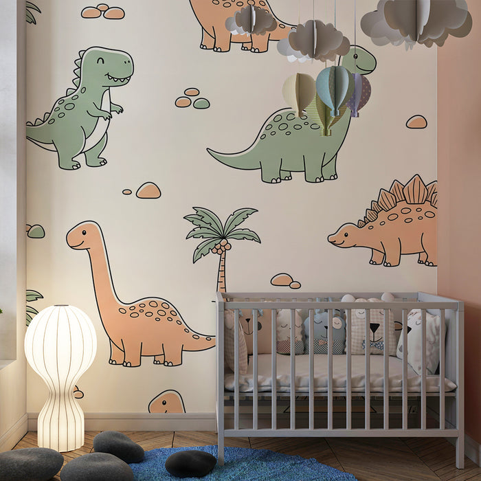 Kinderkamer behang | Grappige dinosaurussen en prehistorische landschappen