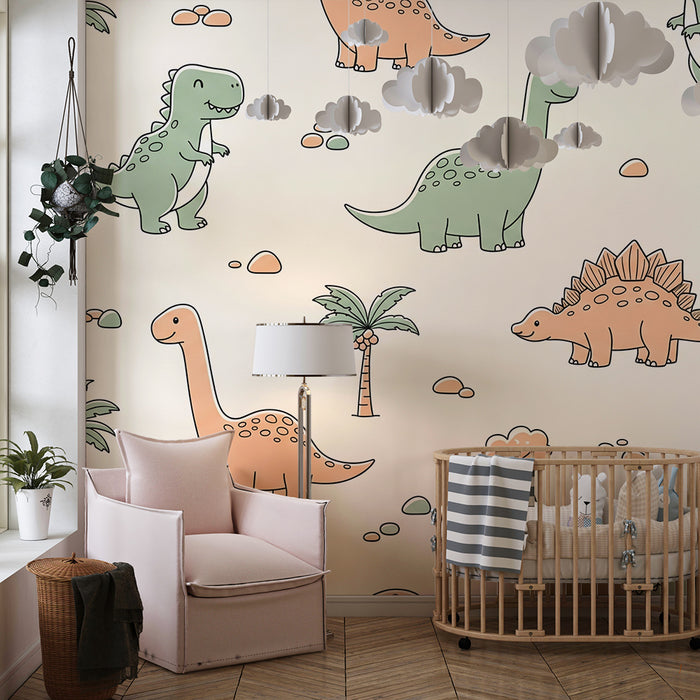Kinderkamer behang | Grappige dinosaurussen en prehistorische landschappen