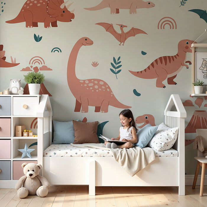 Kinderzimmer Tapete | Lustige Dinosaurier und bunte prähistorische Landschaften