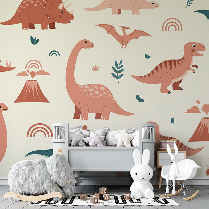 Kinderzimmer Tapete | Lustige Dinosaurier und bunte prähistorische Landschaften