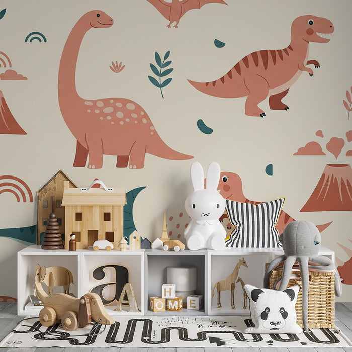 Kinderzimmer Tapete | Lustige Dinosaurier und bunte prähistorische Landschaften