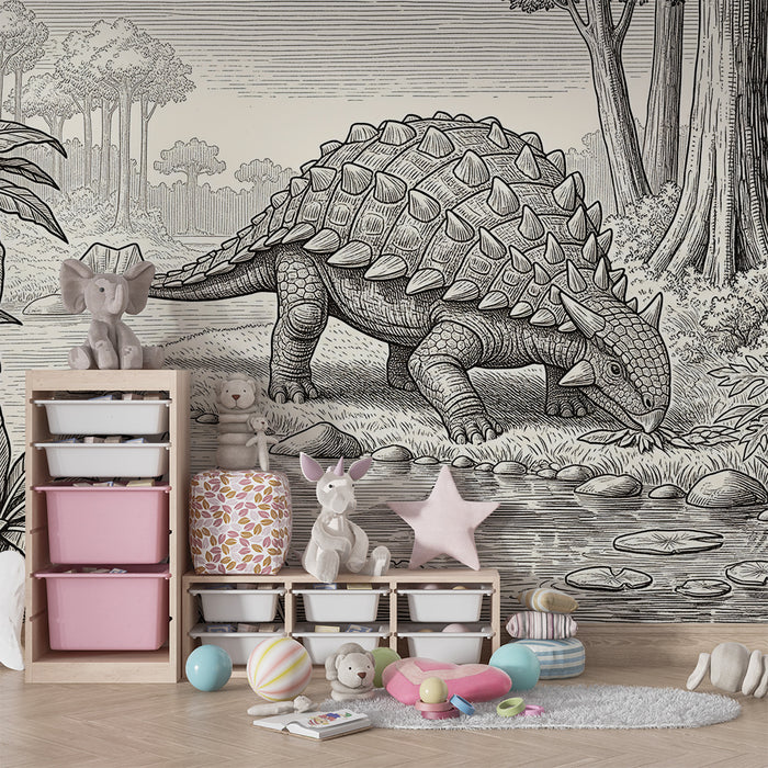 Tapet za detska staia | Ankilozavr dinosavt na kraia na vodata v predistorichna dzhungla