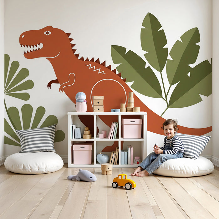 Barnrumstapet | Färgglad dinosaurie mitt i tropiskt bladverk