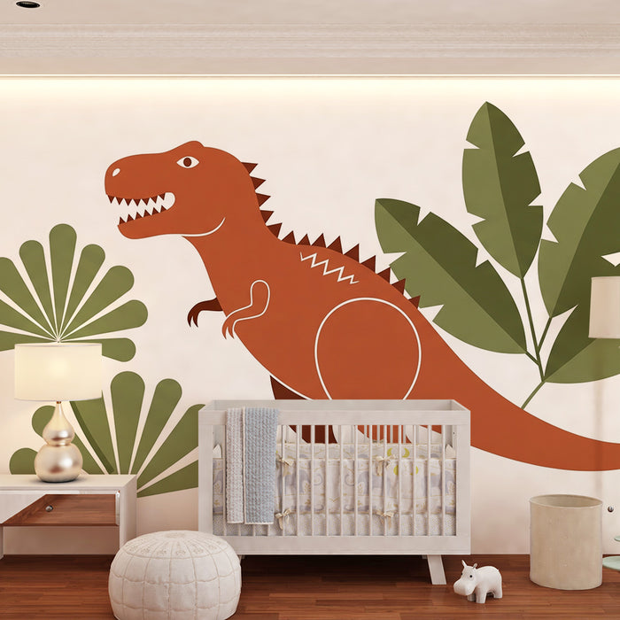 Barnrumstapet | Färgglad dinosaurie mitt i tropiskt bladverk