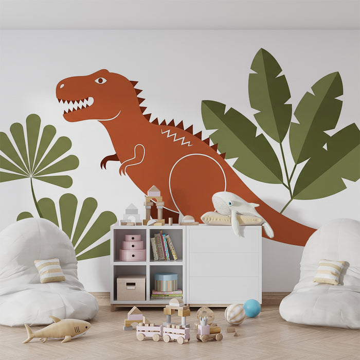 Barnrumstapet | Färgglad dinosaurie mitt i tropiskt bladverk