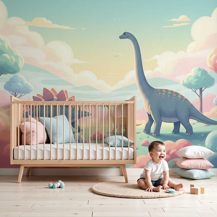 Kids room wallpaper | Värviline dinosauruse tapeet eelajaloolises maastikus